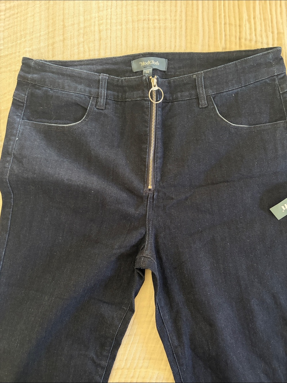 ModCloth Dark Blue High-Rise Jeans with Ring Zip